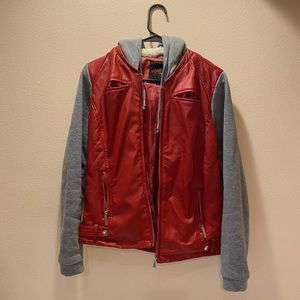 Red leather and gray jacket